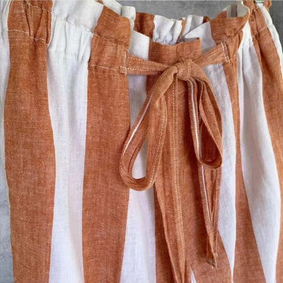 BeachLunchLounge Linen Blend Lagenlook Paperbag Pants Size S Brown White Stripes - Picture 5 of 13